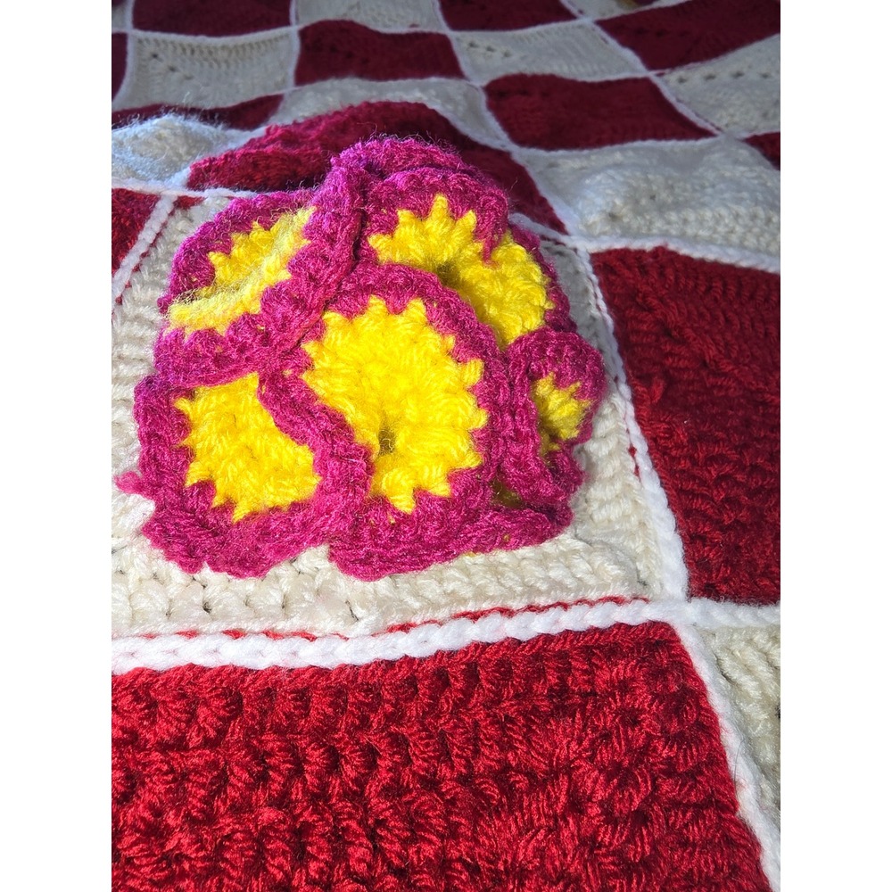 Vintage Handmade Crochet Afghan Blanket Red Cream Checkered 3D Floral Applique - Picture 3 of 4